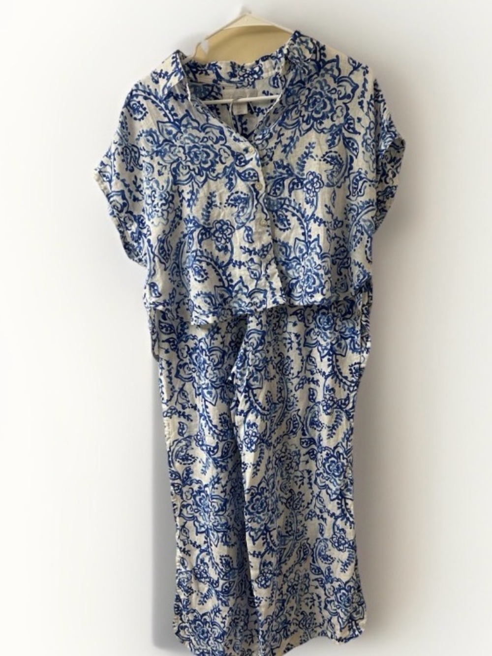 Caroline Constas Blue Garden Toile Linen Blend 2-PC Cruise Resort Beach Chic Med